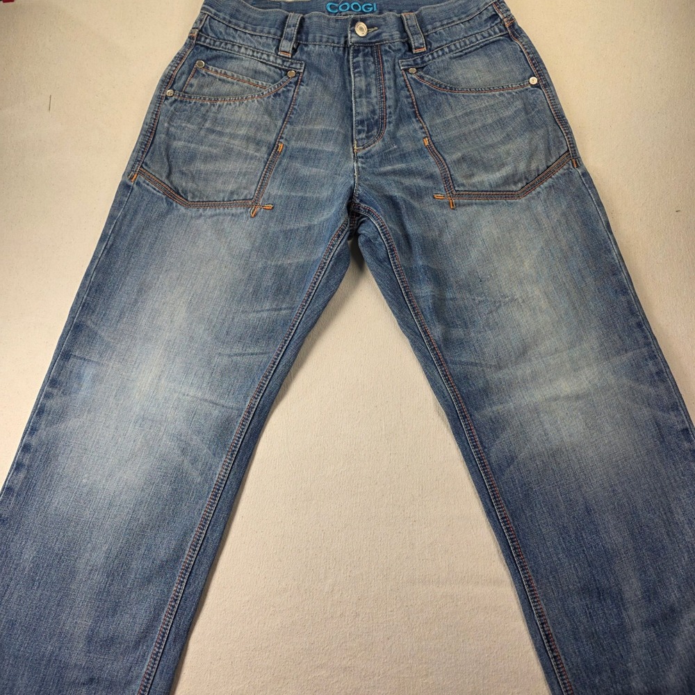 COOGI Mens Straight Leg Jeans Blue Denim Striped Pocket Deer Patch W36 L34